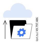 Folder with settings gear icon and upward arrow pointing to cloud. Ideal for cloud storage, data management, backups, file organization, cloud technology, cybersecurity, digital transformation. Line. Cloud Storage and Data Management with Gear Icon Representing Settings or Configurations. Стоковая иллюстрация, агентство Ingram Publishing / Фотобанк Лори