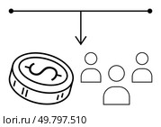 Coin with dollar sign being distributed among four people via an arrow. Ideal for finance, budgeting, teamwork, income distribution, resource allocation, fund management, economic concepts. Line. Coin distribution to team members with arrow indicating allocation. Стоковая иллюстрация, агентство Ingram Publishing / Фотобанк Лори