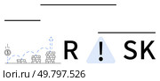 Coin stacks showing fluctuating growth with dollar symbol, exclamation mark inside triangle, and the word RISK. Ideal for finance, investments, caution, economics, business strategy, market analysis. Financial risk concept with fluctuating coin stack and exclamation mark indicating caution. Стоковая иллюстрация, агентство Ingram Publishing / Фотобанк Лори