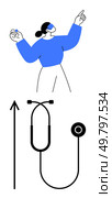 Female figure gesturing stethoscope upward arrow. Ideal for innovation, healthcare, growth, technology, progress, aspiration, vision Line metaphor. Visionary Healthcare Balancing Innovation and Medical Expertise for Better Outcomes. Стоковая иллюстрация, агентство Ingram Publishing / Фотобанк Лори