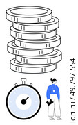 Stacked coins stopwatch and person with document. Ideal for finance, business, time management, savings, investment, productivity, and deadlines. Line metaphor. Stacked Coins, Stopwatch, and Person Holding Document Representing Financial Planning and Time Management. Стоковая иллюстрация, агентство Ingram Publishing / Фотобанк Лори