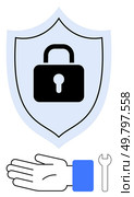 Security shield with locked padlock symbol, open hand, and wrench emphasizing protection and technical support. Ideal for cybersecurity, privacy, maintenance, tech services, safety, aid and trust. Security Shield with Locked Padlock, Hand, and Wrench Representing Protection and Technical Support. Стоковая иллюстрация, агентство Ingram Publishing / Фотобанк Лори