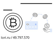 Bitcoin symbol, credit card, circulating coins, and a hand. Ideal for cryptocurrency, digital payment, fintech, finance blockchain online transactions e-commerce. Line metaphor. Digital Bitcoin Transaction with Credit Card and Coins - Modern Cryptocurrency Exchange Visual. Стоковая иллюстрация, агентство Ingram Publishing / Фотобанк Лори