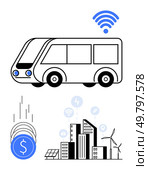 wireless-enabled bus, stack of falling coins, city buildings with solar panels, wind turbines, and connectivity symbols. Ideal for smart city concepts, sustainable transport, green energy, smart. Smart Public Transportation wireless-Enabled Bus with Renewable Energy-Powered Urban Infrastructure. Стоковая иллюстрация, агентство Ingram Publishing / Фотобанк Лори