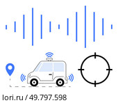 Autonomous car emitting signals, sound waves above, GPS location marker, and target reticle. Ideal for smart transportation, navigation systems, GPS tracking, vehicle safety, technology integration. Autonomous Vehicle Navigation with Sound Waves, GPS Location Pin, and Target Reticle. Стоковая иллюстрация, агентство Ingram Publishing / Фотобанк Лори