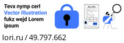 Man examining a document with a magnifying glass. Large blue padlock symbolizes security. A billing statement highlights financial data. Ideal for cybersecurity, data protection, finance, auditing. Man with magnifying glass, large padlock, and billing statement illustrating data security and analysis. Стоковая иллюстрация, агентство Ingram Publishing / Фотобанк Лори