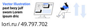 Person sitting with a laptop, computer monitor showing dropdown menus, vertical arrows implying scrolling. Ideal for user interface design, web development, technology blogs, digital dashboards. Person Using Laptop with Dropdown Menus and Arrows Indicating Scrolling. Стоковая иллюстрация, агентство Ingram Publishing / Фотобанк Лори