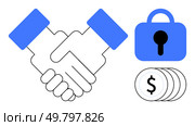 Two hands shaking in agreement next to a blue padlock and a stack of coins. Ideal for business partnerships financial security agreement trust and collaboration. Simple vector style highlighting. Business Agreement with Secure Transaction and Financial Growth Elements. Стоковая иллюстрация, агентство Ingram Publishing / Фотобанк Лори