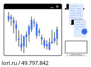 Candlestick chart in a computer window next to a document with a checkmark and a computer. Ideal for financial data analysis, trading, economic reports, stock market research, and digital finance. Stock Market Analysis Window with Candlestick Chart and Financial Document. Стоковая иллюстрация, агентство Ingram Publishing / Фотобанк Лори