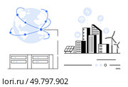 Globe with network nodes, urban buildings with wind turbines, solar panels, data servers. Ideal for technology, communication, sustainability, smart cities, renewable energy, internet of things. Global Connectivity and Sustainable Technology in Urban Environment. Стоковая иллюстрация, агентство Ingram Publishing / Фотобанк Лори