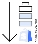 Large black downward arrow next to a three-bar battery icon emphasizes lowering or downloading. A blue and white shopping bag with an S indicates shopping. Ideal for online shopping, downloads. Battery Icon and Shopping Bag with Large Downward Arrow Indicating Power or Download. Стоковая иллюстрация, агентство Ingram Publishing / Фотобанк Лори