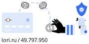 A contactless card, coins, a hand holding a coin, shield with checkmark and documents. Ideal for digital payment, security, contactless transactions, online banking, cashless economy. Simple vector. Digital Payment Security with Contactless Card and Transaction Verification Elements. Стоковая иллюстрация, агентство Ingram Publishing / Фотобанк Лори