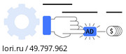 Hand clicking on blue ad button with dollar coins and cogwheel. Ideal for digital marketing, online advertising, PPC campaigns, ecommerce, website monetization, SEM strategies, business visibility. Digital Marketing Concept with Hand Clicking on Online Ad and Money Symbols in Blue Tones. Стоковая иллюстрация, агентство Ingram Publishing / Фотобанк Лори