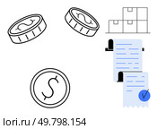 Coins and stacked boxes with a long receipt suggest financial transactions and inventory management. Ideal for e-commerce, retail, business management, finances and logistics. Minimalist vector style. Financial Transactions and Inventory Management with Coins and Receipts. Стоковая иллюстрация, агентство Ingram Publishing / Фотобанк Лори