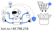 Multifunction robot completing various tasks including holding a DNA sample, packaging, and activating security features. Shopping cart with notification and plant icon. Ideal for automation. Multifunction Robot Performing Tasks Shopping, Science, Packaging, Security, and Innovation. Стоковая иллюстрация, агентство Ingram Publishing / Фотобанк Лори