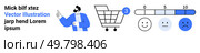 Character pointing, shopping cart, feedback meter ranging from happy to sad faces, and placeholder text. Ideal for customer feedback, shopping, e-commerce, service rating, user reviews, client. Customer Satisfaction Concept with Shopping Cart, Feedback Meter, and Character Animation. Стоковая иллюстрация, агентство Ingram Publishing / Фотобанк Лори