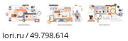Various elements such as robots, charts, and magnifying glass, representing AI-powered process automation, data-driven management, and customer insight analysis. Ideal for business innovation. Data-Driven Business Management with AI, Data Analytics, and Customer Insights. Стоковая иллюстрация, агентство Ingram Publishing / Фотобанк Лори