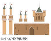 Brown medieval castle with towers, walls, and flags on turrets. Includes multiple tall towers with red flags and a central fortified structure. Ideal for historical themes fantasy themes educational. Historical Medieval Castle with Towers and Walls. Стоковая иллюстрация, агентство Ingram Publishing / Фотобанк Лори