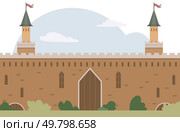 Castle with high walls, two towers with flags, central gate, clouds in sky, and greenery. Ideal for history, architecture, fantasy, education, storytelling. Simple vector style. Medieval Castle with Twin Towers and Central Gate. Стоковая иллюстрация, агентство Ingram Publishing / Фотобанк Лори