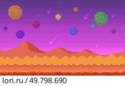 A vibrant retro pixel art scene features a cosmic landscape with colorful planets, meteors, and red mountains. Ideal for sci-fi themes, video game backgrounds, retro aesthetics, space exploration. Cosmic Landscape with Colorful Planets and Meteors in Retro Pixel Art Style. Стоковая иллюстрация, агентство Ingram Publishing / Фотобанк Лори