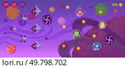 Bright, retro-styled outer space scene with spaceships firing at aliens among planets and stars. Shows score and lives. Ideal for video games, sci-fi themes, retro art, space adventures, and pixel. Retro Space-Themed Vector Game Scene with Spaceships, Planets, and Aliens. Стоковая иллюстрация, агентство Ingram Publishing / Фотобанк Лори