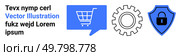 Text block, blue shopping cart in speech bubble, cogwheel, and blue shield with lock. Ideal for e-commerce, digital services, security, technology, shopping, website design, online protection. E-commerce and Security Icons with Gear, Text, and Shopping Cart Symbol in Blue and Black. Стоковая иллюстрация, агентство Ingram Publishing / Фотобанк Лори