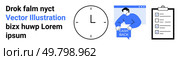 Cashback offer portrayed with a clock, a man presenting cash back, and an online form checklist. Ideal for marketing campaigns, time management, promotions, financial services, productivity tools. Cashback Offer with Clock, Online Form, and Checklist for Efficient Task Management. Стоковая иллюстрация, агентство Ingram Publishing / Фотобанк Лори