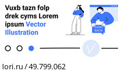 Characters with thoughtful poses, computer screen, cash back, black and blue text. Ideal for finance, customer service, e-commerce, refunds, digital marketing, user experience, and app development. Modern Concept of Refund Policy with Figures and Circular Design Elements in Blue. Стоковая иллюстрация, агентство Ingram Publishing / Фотобанк Лори