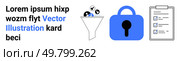 Funnel separating data, blue padlock indicating security, checklist on clipboard. Ideal for data privacy, cybersecurity, compliance, governance, filtering processes, security systems, productivity. Data Filtering and Security Concept with Checklist for Compliance and Governance. Стоковая иллюстрация, агентство Ingram Publishing / Фотобанк Лори
