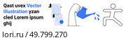 Diverse elements include documents with checkmarks, hand with watering can nurturing growth, and a running figure. Ideal for business strategies, project management, digital marketing, workflow. Diverse Workflow and Productivity Elements for Business and Marketing Design. Стоковая иллюстрация, агентство Ingram Publishing / Фотобанк Лори
