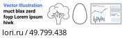 Tree, egg shape outline, analytical data chart, placeholder text in Lorem ipsum. Ideal for data visualization, nature references, business analysis, concept art, educational materials, startup. Data Analytics and Nature Symbols Accompanied by Placeholder Text for Business Analysis. Стоковая иллюстрация, агентство Ingram Publishing / Фотобанк Лори