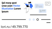 Office worker using a laptop with multiple chat bubbles and text elements. Ideal for modern communication, remote work, digital collaboration, minimalism, productivity, business, workforce. Landing. Office Worker with Laptop and Chat Bubbles in Minimalist Design for Modern Communication. Стоковая иллюстрация, агентство Ingram Publishing / Фотобанк Лори