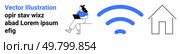 Woman sitting on bench with laptop beside wireless symbol and house outline. Ideal for remote work, digital nomads, connectivity, home office, internet, technology, and modern lifestyle. Landing page. Remote Work and Connectivity with Woman Using Laptop and wireless Symbol at Home. Стоковая иллюстрация, агентство Ingram Publishing / Фотобанк Лори