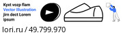 Play button symbol, outlined shoe, person holding a sign, editable text elements. Ideal for digital media, e-commerce, advertising, promotions, social media posts, marketing materials. Landing page. Play Button, Shoe, and Person Holding Sign with Blue Elements and Editable Text. Стоковая иллюстрация, агентство Ingram Publishing / Фотобанк Лори