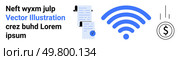 wireless signal icon, document share with clipboard, falling coin symbol. Ideal for technology, finance, communication, digital transactions, internet services, business strategies, mobile. Digital Connectivity wireless Signal, Downloads, Document Sharing, and Currency Exchange. Стоковая иллюстрация, агентство Ingram Publishing / Фотобанк Лори