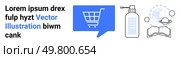Shopping cart in blue speech bubble, hand sanitizer bottle, planet orbiting a globe over an open book. Ideal for e-commerce, health, science, education, space, communication, modern technology. E-commerce, Sanitation, Space Exploration, and Education Unified in Modern Digital Theme. Стоковая иллюстрация, агентство Ingram Publishing / Фотобанк Лори