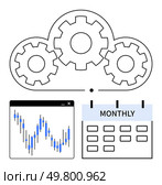 Cloud with gears representing technology integration above a fluctuating data graph and a monthly calendar. Ideal for data analytics, cloud computing, process management, business planning. Cloud Technology Integration with Monthly Data Analysis and Gears for Process Optimization. Стоковая иллюстрация, агентство Ingram Publishing / Фотобанк Лори
