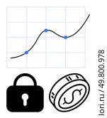 Line chart with three data points indicating growth, black security lock, and dollar coin. Ideal for finance, investment, savings, security, economic analysis, financial tips and educational. Financial Growth Chart with Security Lock and Coin Icons Representing Safe Investment and Returns. Стоковая иллюстрация, агентство Ingram Publishing / Фотобанк Лори