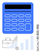 Large blue calculator dominating the top portion, business briefcase icon, arrow indicating growth, stacked coins, and bar chart below. Ideal for financial planning, accounting, business. Large blue calculator with business-related icons below indicating growth and financial success. Стоковая иллюстрация, агентство Ingram Publishing / Фотобанк Лори