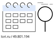 Calendar grid with spiral binding design and magnifying glass symbolizing scheduling, planning, and organization. Ideal for productivity, time management, appointments, events, reminders, and exams. Calendar with a Magnifying Glass for Scheduling and Organization Concepts. Стоковая иллюстрация, агентство Ingram Publishing / Фотобанк Лори