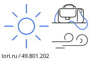 Sun symbol with rays, briefcase with handle and strap, and wind lines illustrating daily routine and dynamic lifestyle. Ideal for work-life balance, morning commute, fresh start, business. Morning Commute Sun, Briefcase, and Wind Symbolizing New Day, Work, and Movement. Стоковая иллюстрация, агентство Ingram Publishing / Фотобанк Лори