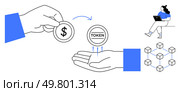 Hand exchanging dollar coin for token, person using laptop, blockchain network. Ideal for digital currency, online payments, blockchain technology, tokenization, fintech, cryptocurrency trading. Digital Currency Exchange with Blockchain and Tokenization Concept for Online Transactions. Стоковая иллюстрация, агентство Ingram Publishing / Фотобанк Лори