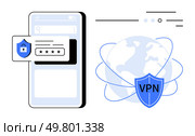 Smartphone with password entry and security shield beside a globe with VPN shield. Ideal for cybersecurity, online privacy, remote work, secure browsing, data protection, IT security, encrypted. Secured Mobile Access with VPN and Password Protection for Online Privacy. Стоковая иллюстрация, агентство Ingram Publishing / Фотобанк Лори