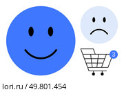 Large blue happy face and smaller light blue sad face next to a shopping cart with three notification icons. Ideal for digital shopping, consumer emotions, e-commerce, customer feedback, user. Contrasting Emotions in Online Shopping and Cart Notification Indicating Three Items. Стоковая иллюстрация, агентство Ingram Publishing / Фотобанк Лори
