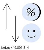 Upward and downward arrows with a percentage symbol and a happy face in blue circles. Ideal for financial trends, business performance, statistics, customer satisfaction, market analysis. Arrows Indicating Increase and Decrease with Percentage Symbol and happy Face in Blue Circles. Стоковая иллюстрация, агентство Ingram Publishing / Фотобанк Лори
