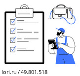 Worker in cap and overalls checking items on tablet, large clipboard with checkmarks, briefcase. Ideal for task management, productivity, organization, industrial work, quality control, planning. Worker completing checklist on tablet beside briefcase, ideal for productivity and organizational themes. Стоковая иллюстрация, агентство Ingram Publishing / Фотобанк Лори
