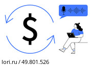 Dollar sign circled by blue arrows, person holding tablet, speech bubble with microphone and sound waves. Ideal for financial discussions, digital transactions, online earnings, podcasts, content. Dollar Sign with Circular Arrows and Person Using Tablet with Voice Recording Indicator. Стоковая иллюстрация, агентство Ingram Publishing / Фотобанк Лори