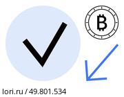 Checkmark in light blue circle, Bitcoin symbol in a black circular frame, blue downward arrow. Ideal for cryptocurrency tracking, financial analysis, blockchain learning, crypto security, investment. Verify Bitcoin Crypto Trading Transaction Downtrend with Blue Arrow and Checkmark. Стоковая иллюстрация, агентство Ingram Publishing / Фотобанк Лори