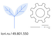 Leaf sprout and cogwheel gear indicate nature and technology working together. Ideal for sustainability, green technology, eco-friendly initiatives, innovation, environmental awareness, tech. Leaf sprout and cogwheel gear representing nature and technology integration. Стоковая иллюстрация, агентство Ingram Publishing / Фотобанк Лори