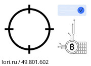 A target reticle on the left, a Bitcoin symbol integrated with a circuit board on the bottom right, and a checkmark tick in a blue box on the top right. Ideal for blockchain technology. Crypto Technology Concept with Target Reticle, Bitcoin Circuit, and Checkmark Tick. Стоковая иллюстрация, агентство Ingram Publishing / Фотобанк Лори
